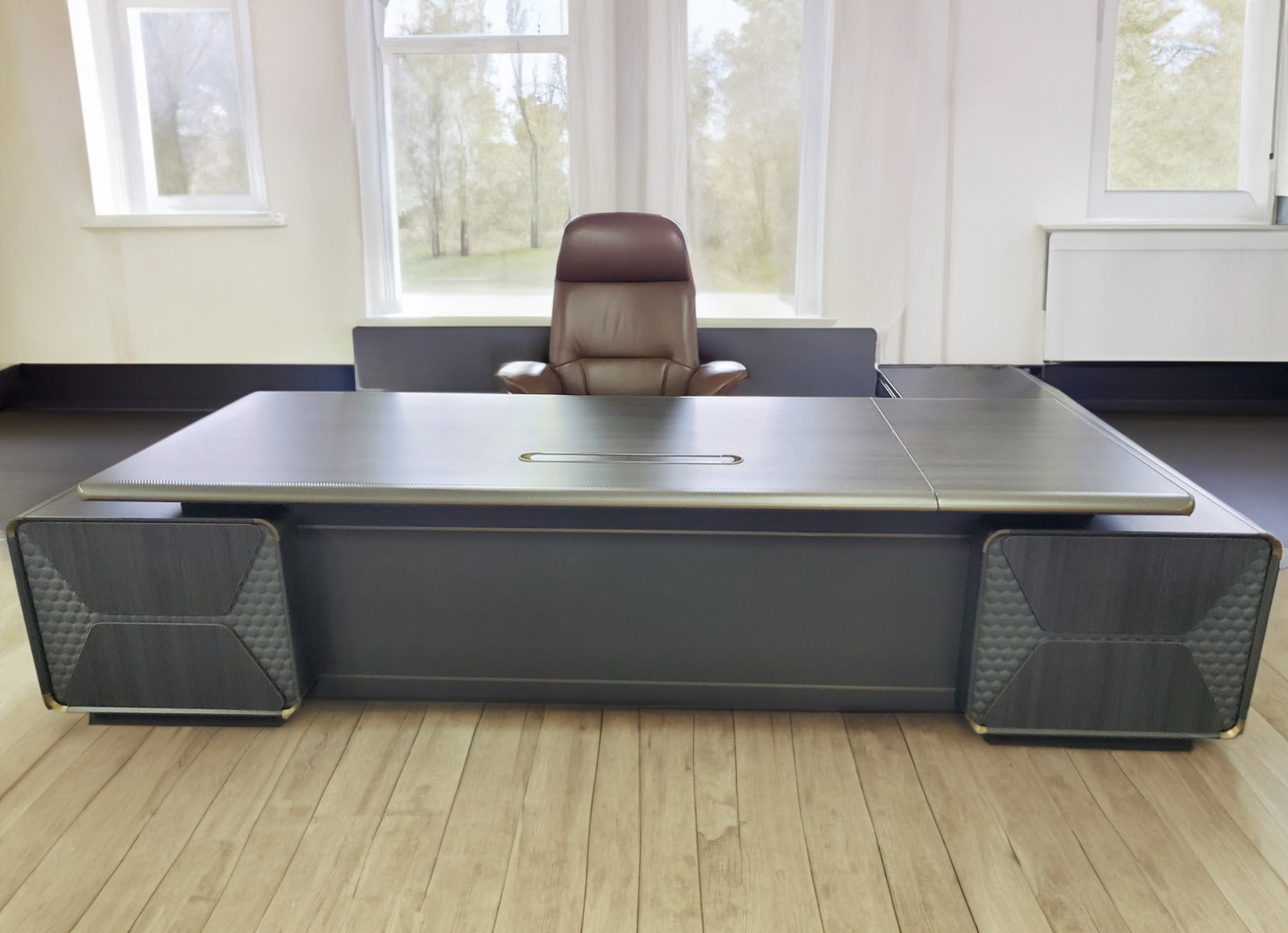 Large Modern Grey Oak Executive Corner Office Desk with Carbon Fibre and Brass Metal Edging - 2400mm / 2800mm / 3200mm - FP60-D01 North Yorkshire