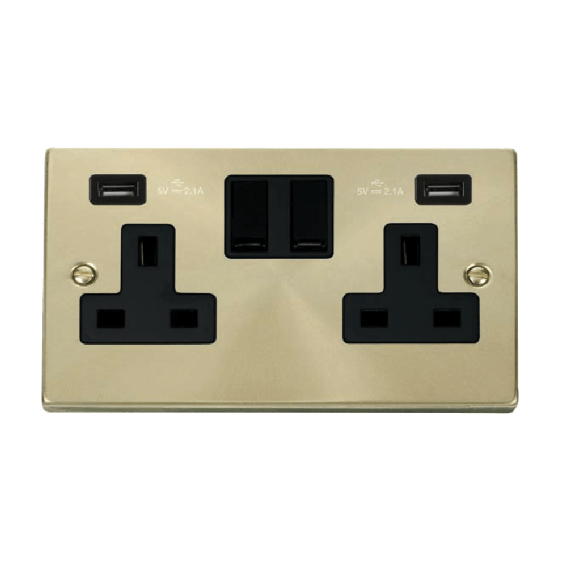 Click Deco 13A 2G Switched Socket with Twin 2.1A USB Outlets Satin Brass Insert Black