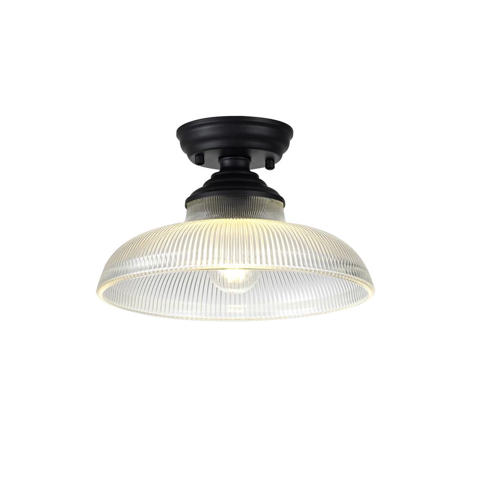 Luxuria Sirius Flush Ceiling Light E27 With Round 30cm Glass Shade Matt Black/Clear