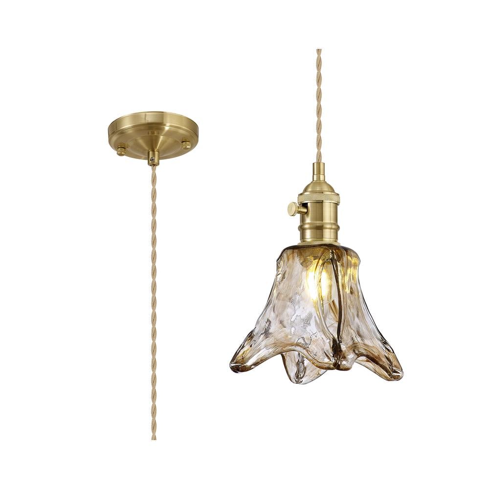 Luxuria Alaskan Switched Pendant 1.5m E27 Brass / Pale Gold Twisted Cable / Brown Flower Glass