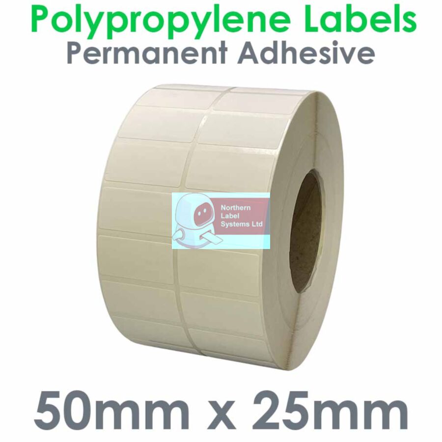 050025P9YPW2-5000, 50mm x 25mm 2 Across, Matt White PE90 Polypropylene Label, Permanent Adhesive, FOR LARGER LABEL PRINTERS