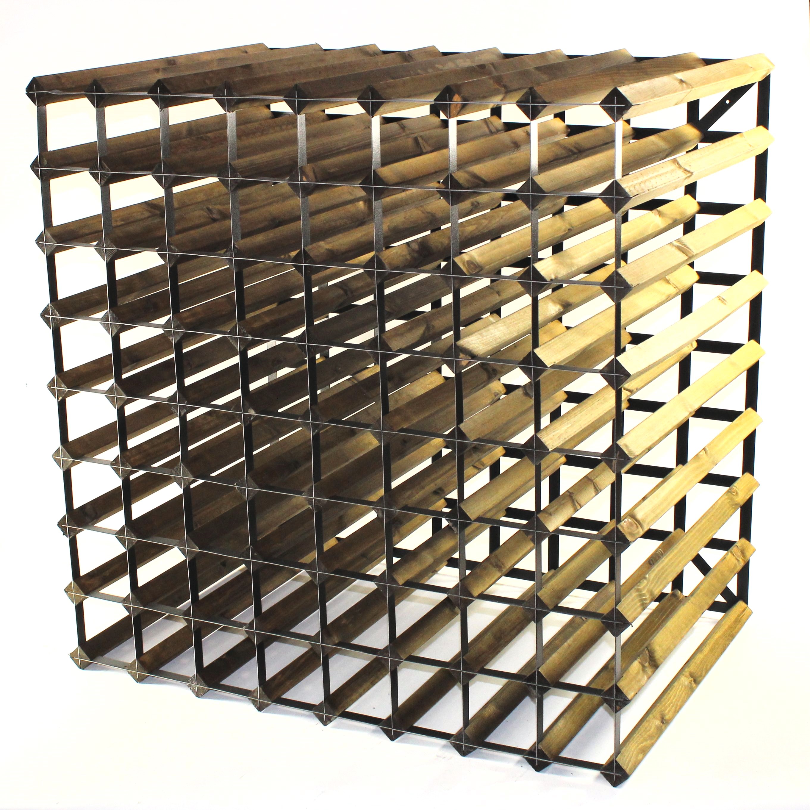 Double depth 144 bottle wine rack - Walnut stain wood - Black metal