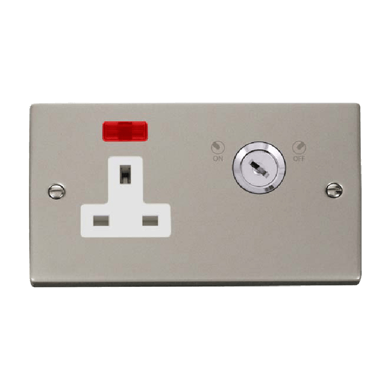 Click Deco 13A 1 Gang DP Key Lockable Socket With Neon Pearl Nickel Insert White