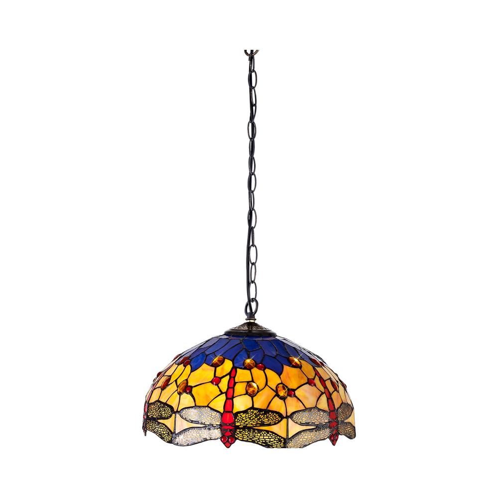 Luxuria Broadway 41cm 1 Light Downlighter Pendant E27 With 40cm Tiffany Shade Blue/Orange/Crystal/Aged Antique Brass