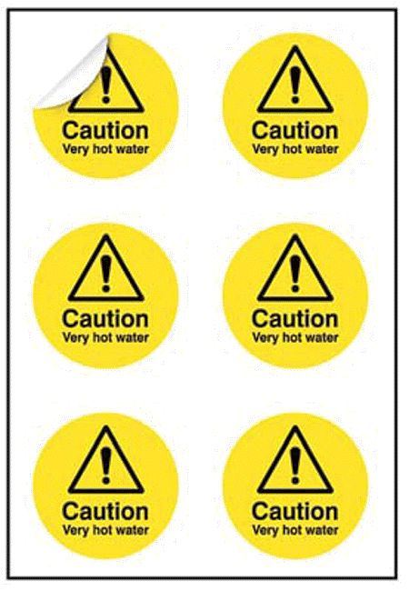 Caution Very hot water 65mm dia - sheet of 6