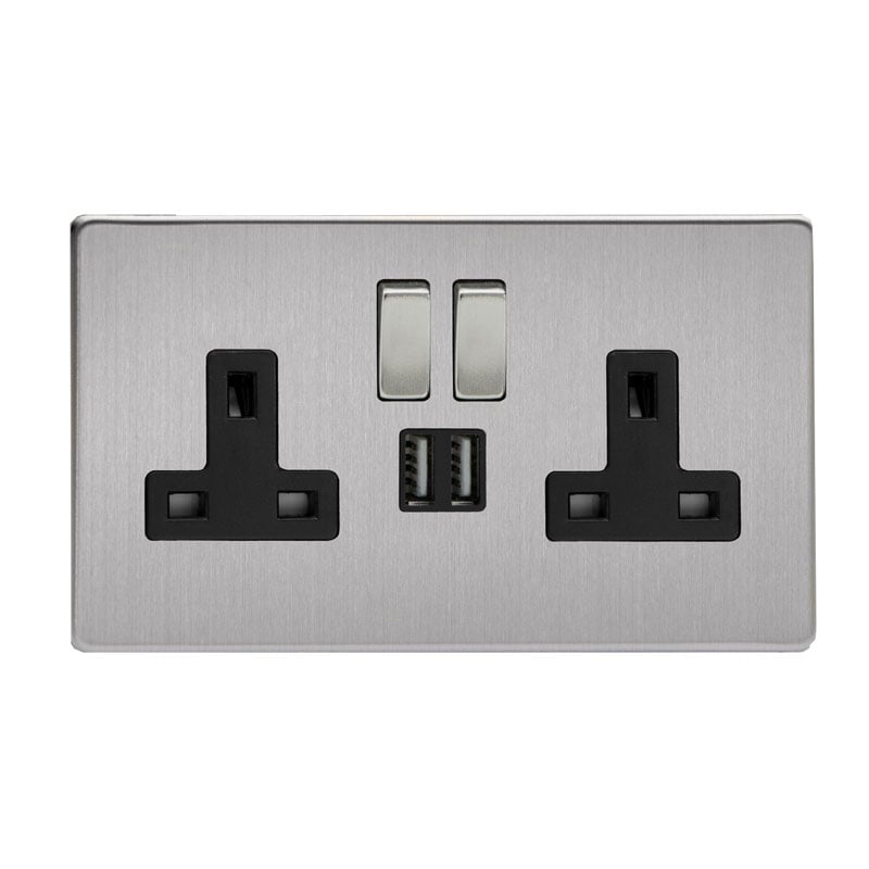 Varilight Screw Less Socket 13A 2G Brushed Steel Black Inserts