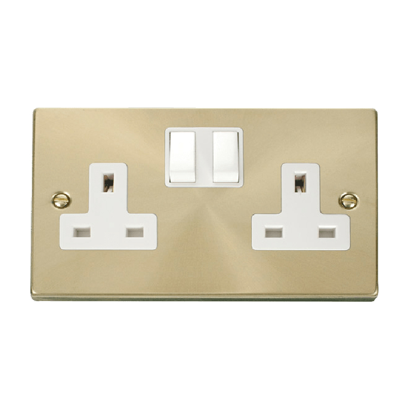 Click Deco 2 Gang 13A DP Switched Socket Outlet (Twin Earth) Satin Brass Insert White