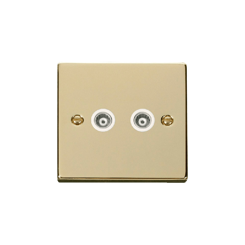 Click Deco Twin Isolated Coaxial Socket Outlet Polished Brass Insert White