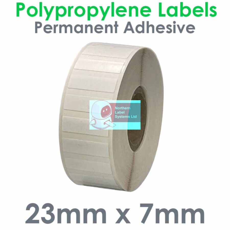 023007GPNPW1-2500, 23mm x 7mm Polypropylene Gloss White Label, Permanent Adhesive, FOR SMALL DESKTOP LABEL PRINTERS