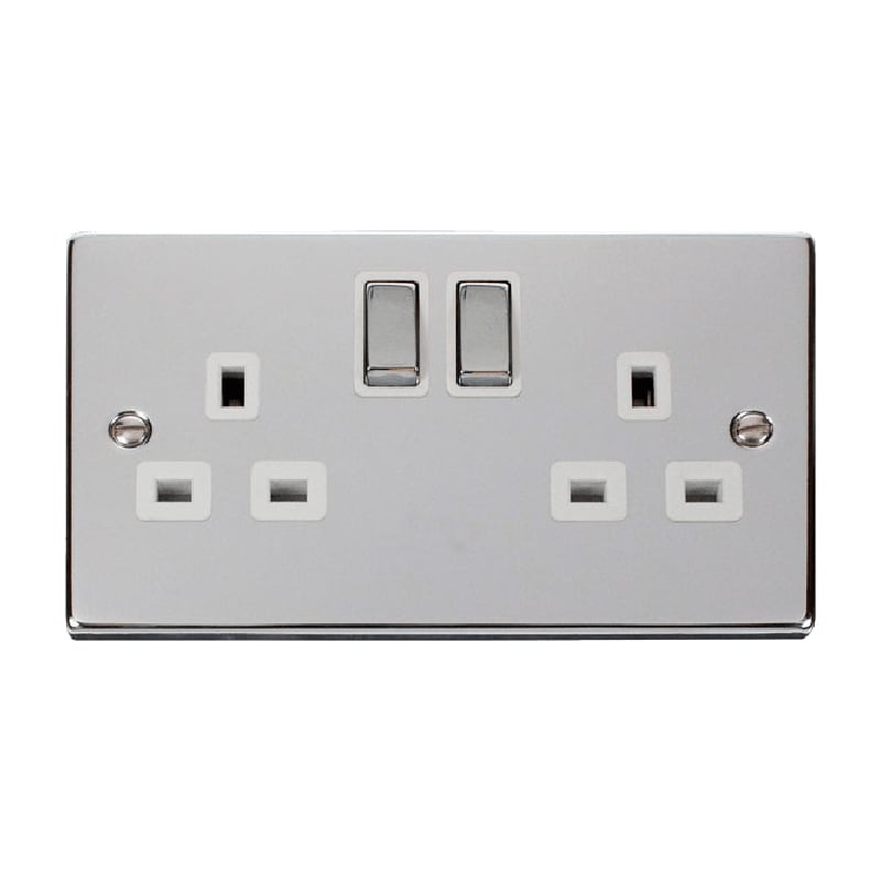 Click Deco 2 Gang 13A DP 'Ingot' Switched Socket Outlet (Twin Earth) Polished Chrome Insert White