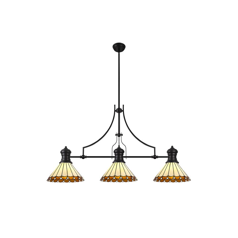 Luxuria Sleek 3 Light Linear Pendant E27 With 30cm Tiffany Shade Matt Black Amber Cream Crystal