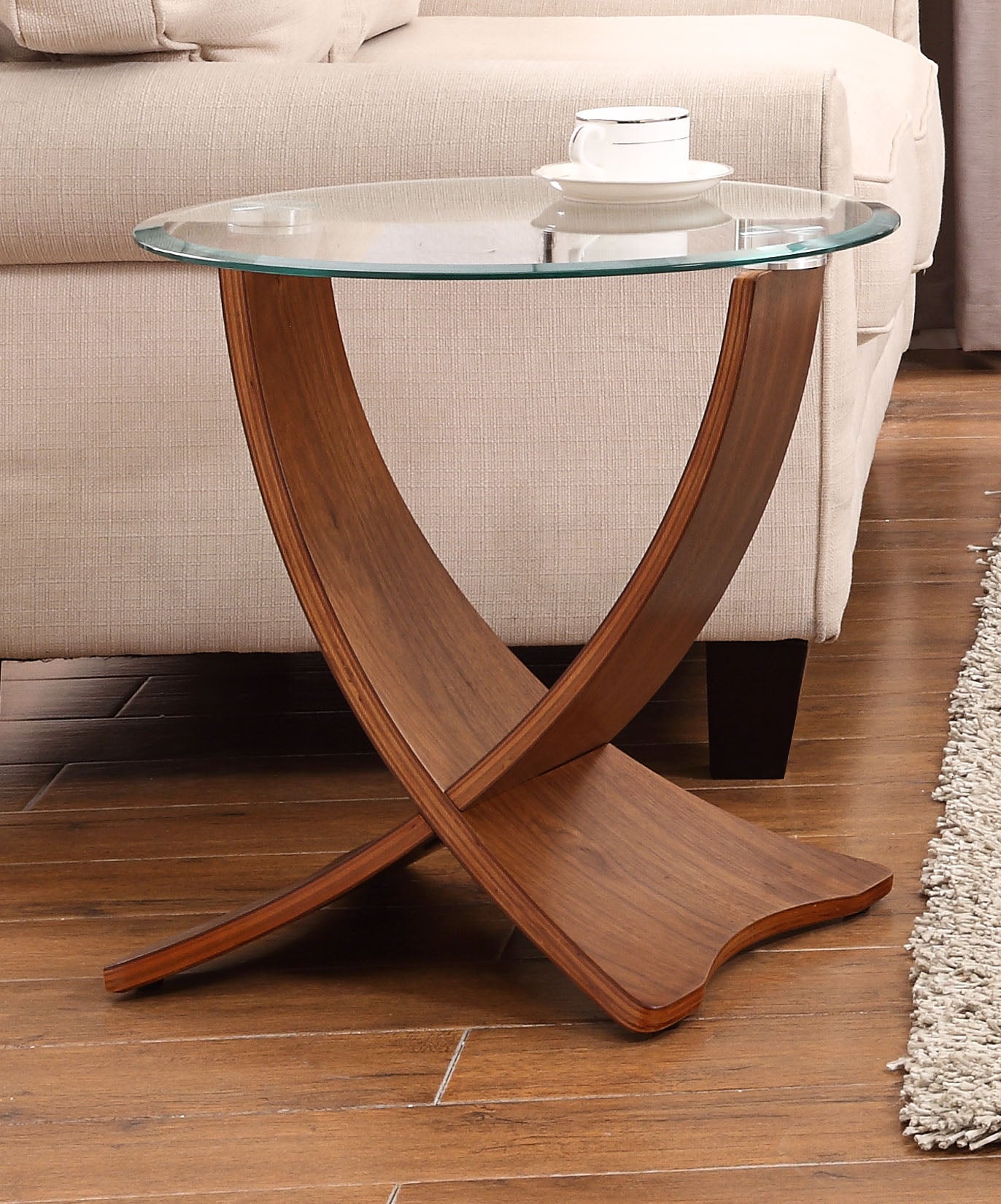 Providers Of Round Clear Glass Lamp / Side Table with Walnut Veneer - 500mm - JF309 UK