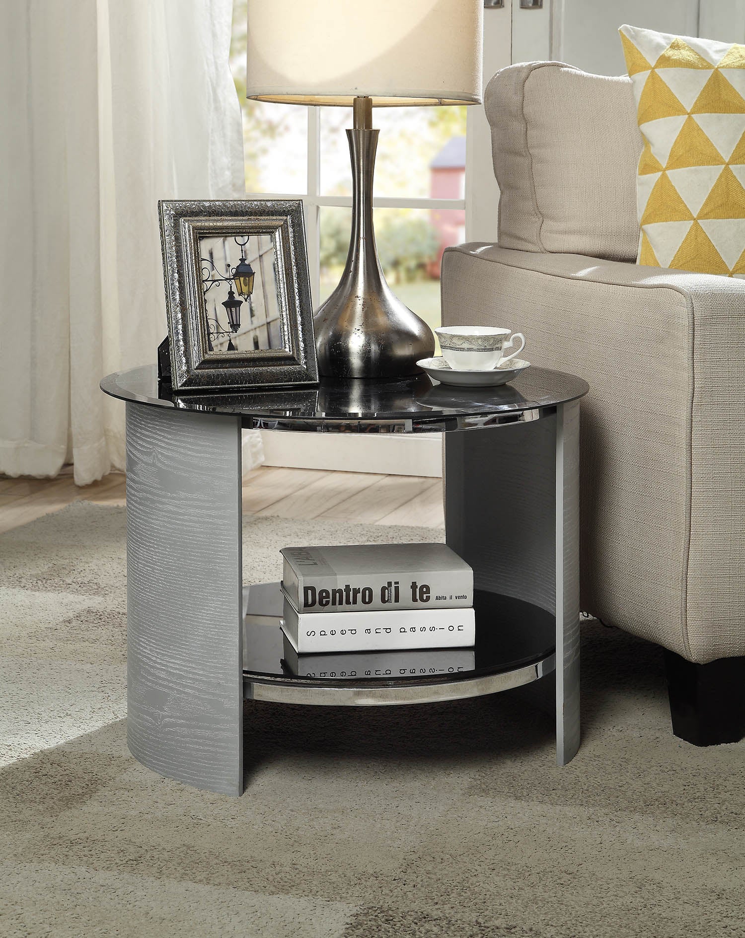 Specialising In Round Black Glass Lamp / Side Table with Grey Veneer - 610mm - JF303 North Yourkshire
