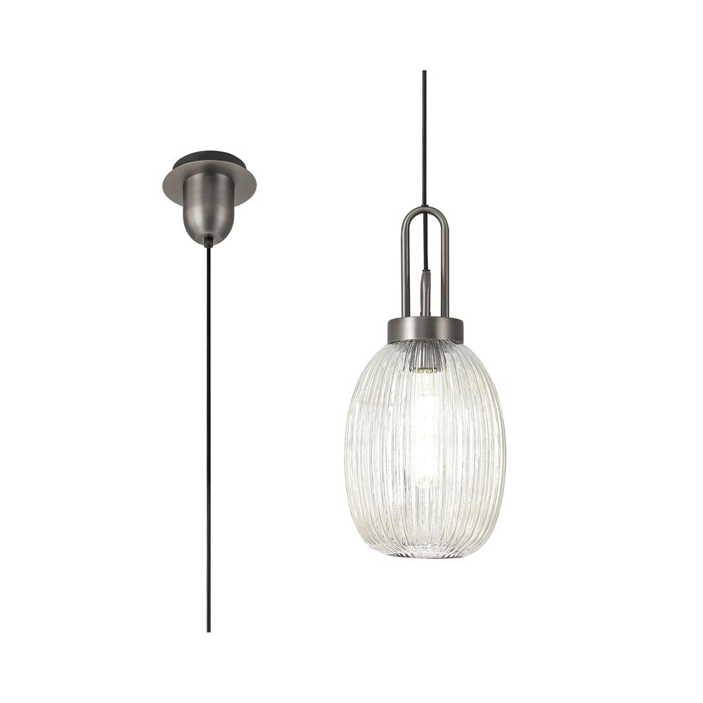 Luxuria Kennith Pendant Light E27 20cm Almond Ribbed Glass Champagne Antique Silver/Black