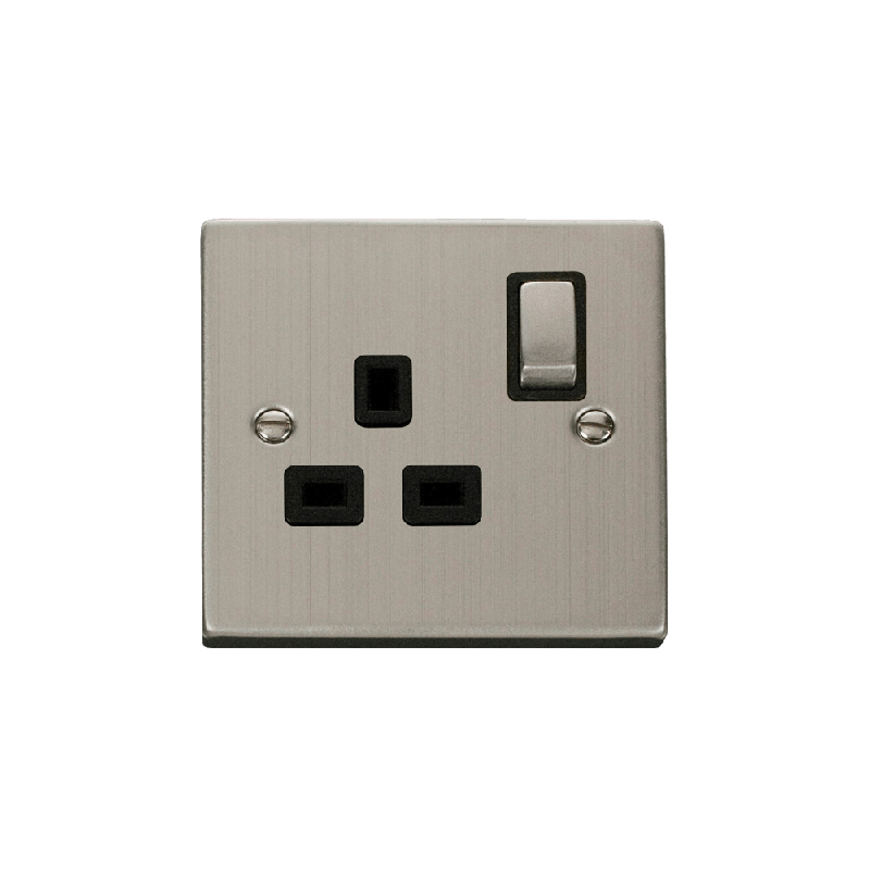 Click Deco 1 Gang 13A DP 'Ingot' Switched Socket Outlet Stainless Steel Insert Black