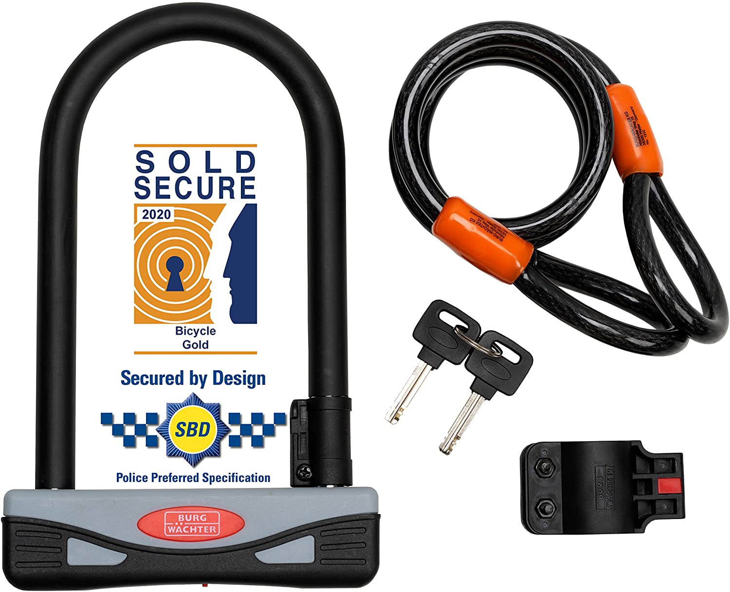 Burg-Wächter Gold Sold Secure Bicycle D Lock & 2.1M Security cable, Bike, motorbike padlock & securitycable