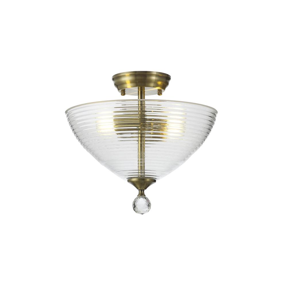 Luxuria Sirius Flush Ceiling Light 2xE27 With Round 33.5cm Prismatic Effect Glass Shade Antique Brass/Clear