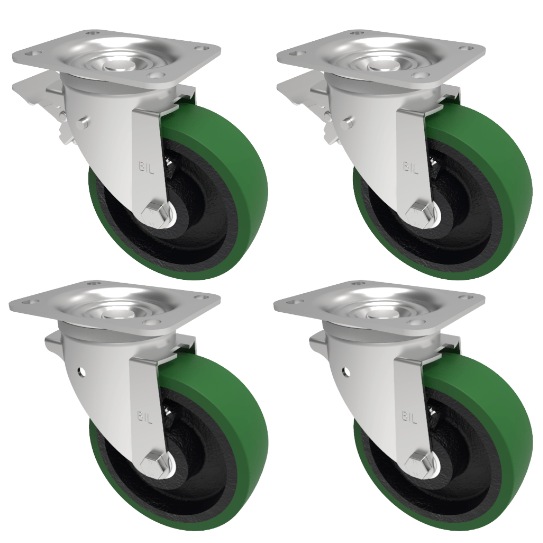 4 Pack Polyurethane (Green) Plate Castors 150mm 2 X Swivel 2 X Braked 350kg Load Per Castor