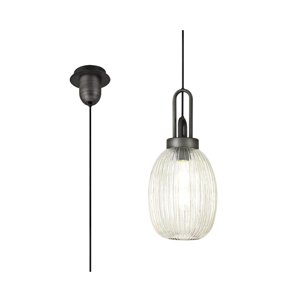 Luxuria Kennith Pendant Light E27 20cm Almond Ribbed Glass Champagne Black/Aged Pewter