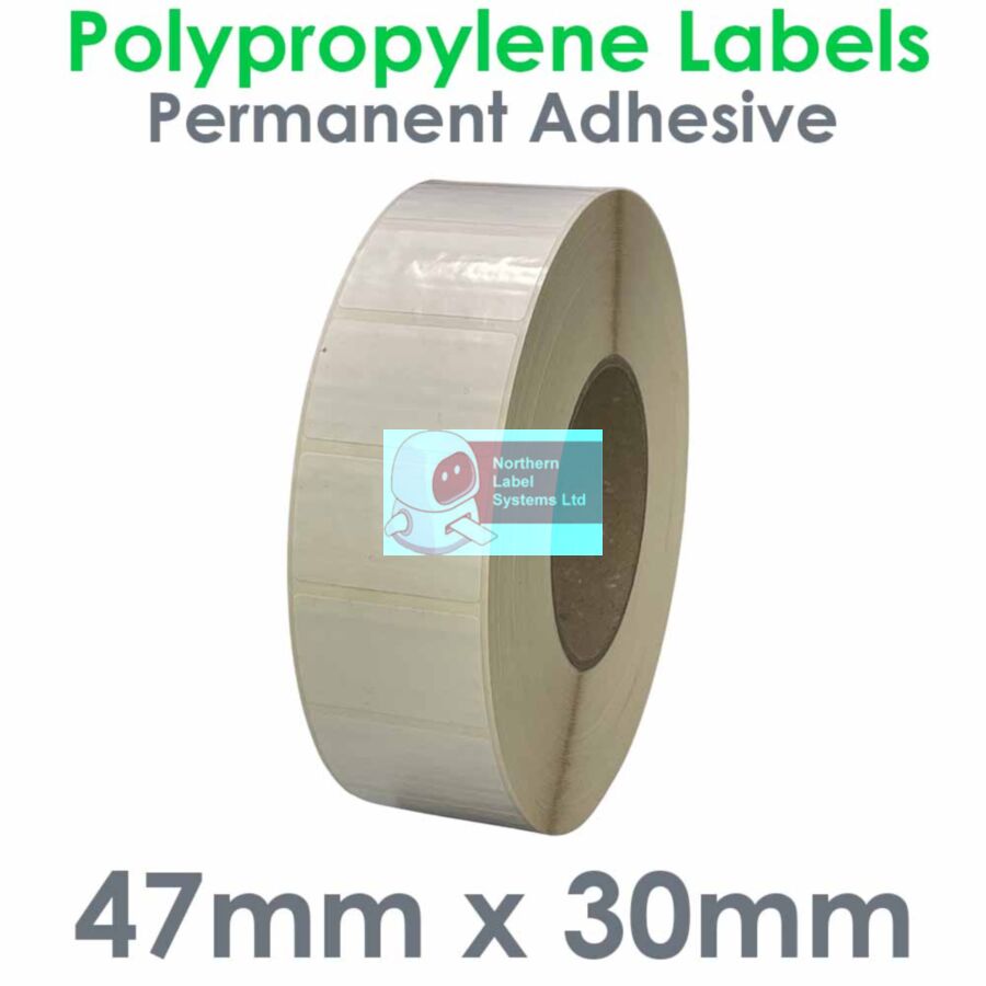 047030GPNPW1-4000, 47mm x 30mm, Gloss White Polypropylene Labels, Permanent Adhesive, FOR LARGER LABEL PRINTERS
