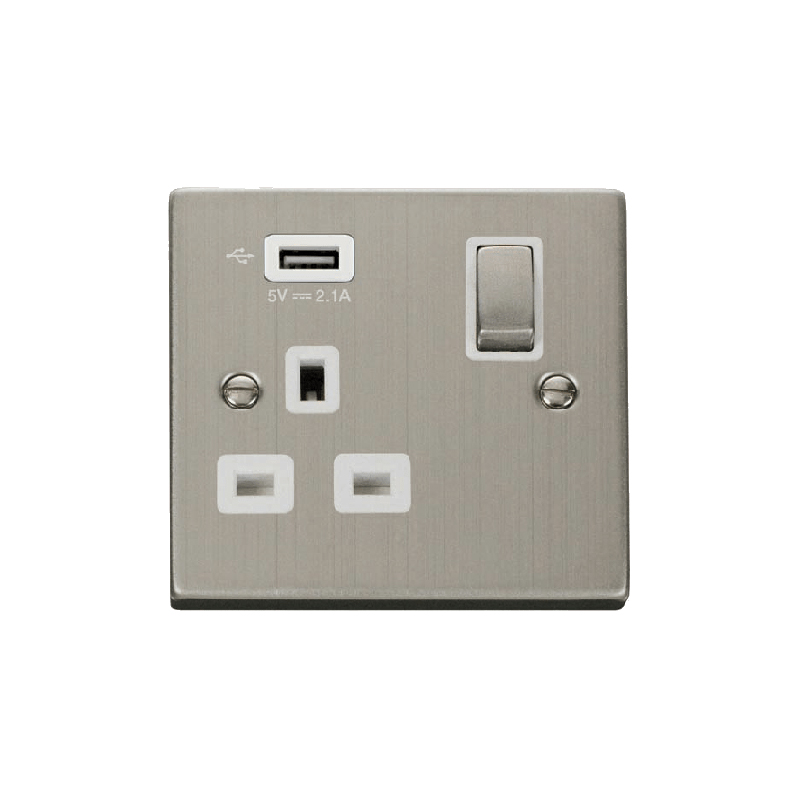 Click Deco 13A Ingot 1G Switched Socket With Single 2.1A USB Outlet Stainless Steel Insert White