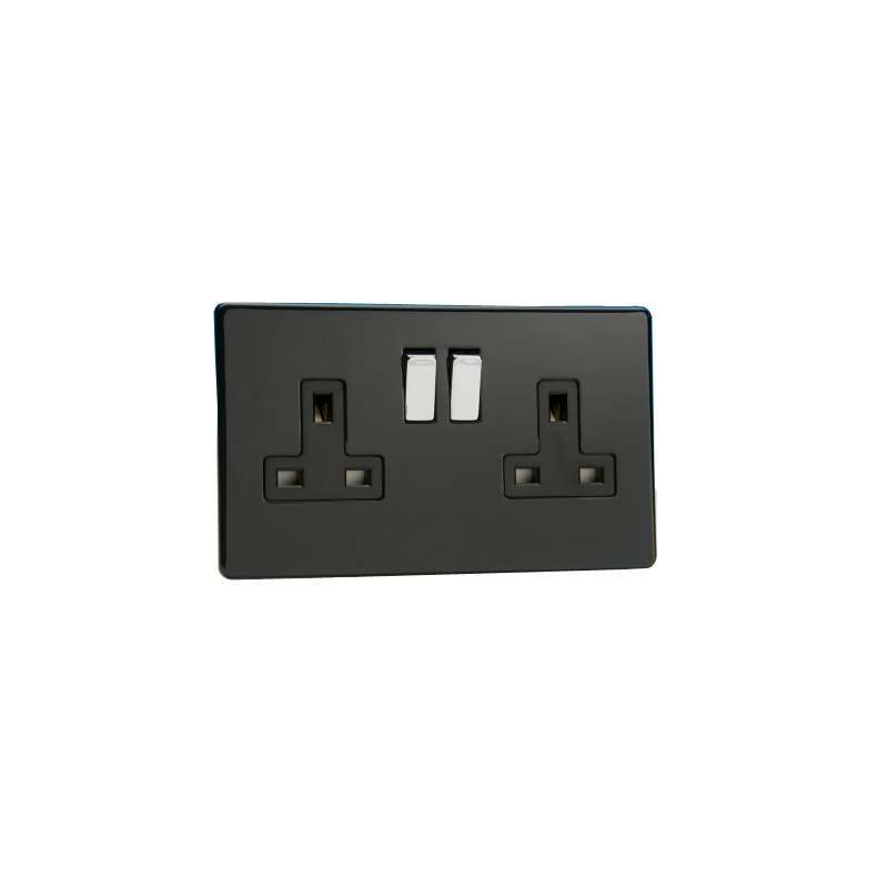 Varilight Screw Less Premium Black 2 Gang 13A Switched Socket Black