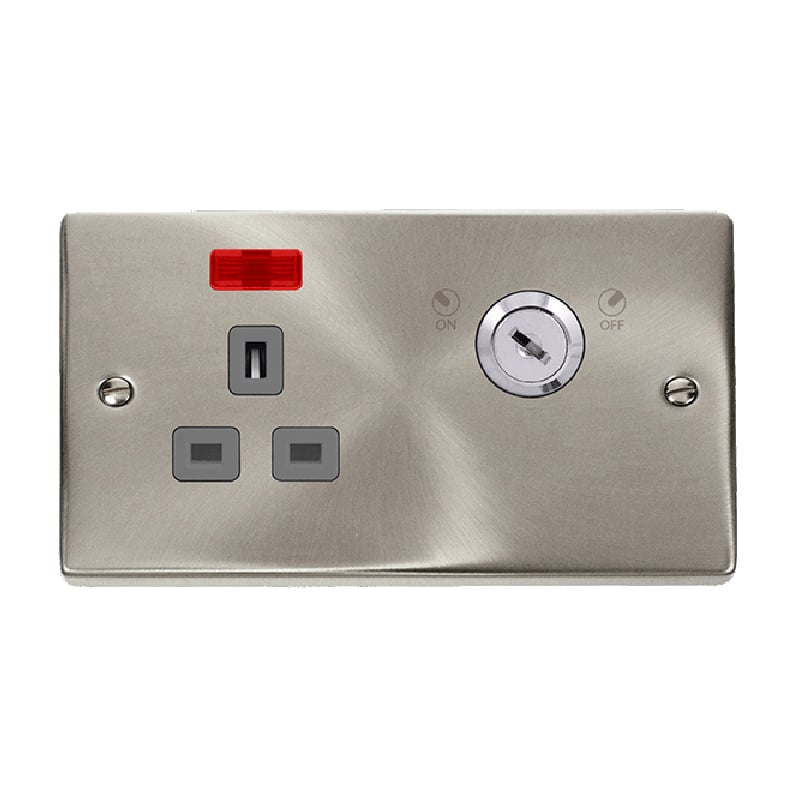 Click Deco 13A 1G Double Pole Key Lockable Socket with Neon Satin Chrome Insert Grey