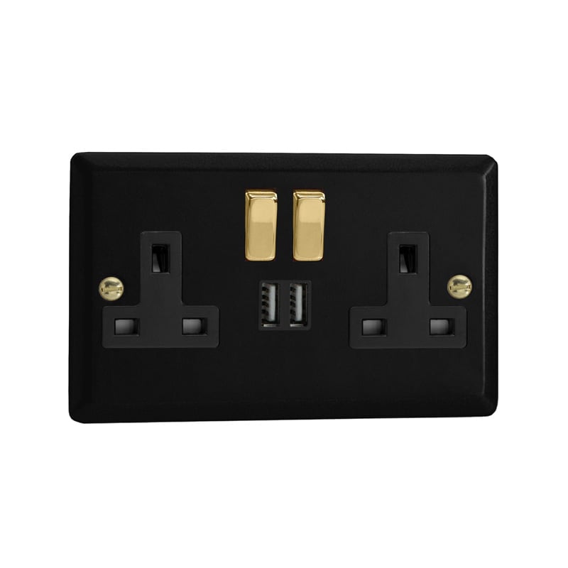 Varilight Vogue 2G 13A SP Switched Socket with USB Charging Ports Matt Black