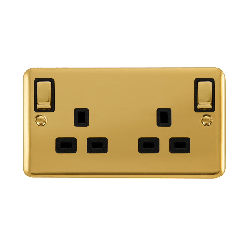 Click Deco Plus 13A Ingot 2G DP Switched Socket Outlet With Outboard Rockers Polished Brass Black Inserts