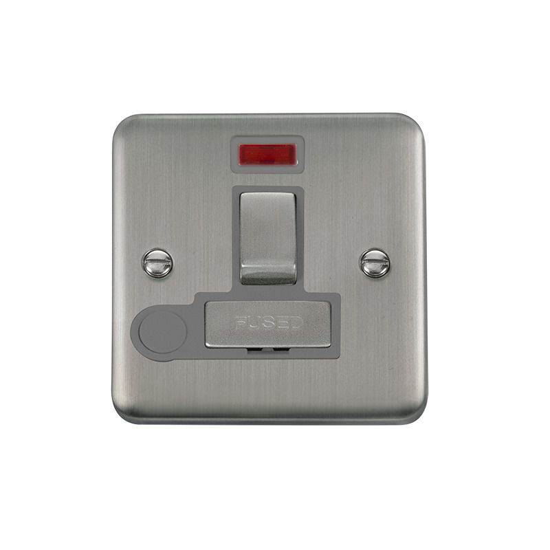 Click Deco Plus Switched Fused Spur Stainless Steel Grey Inserts Neon Light + Flex Outlet