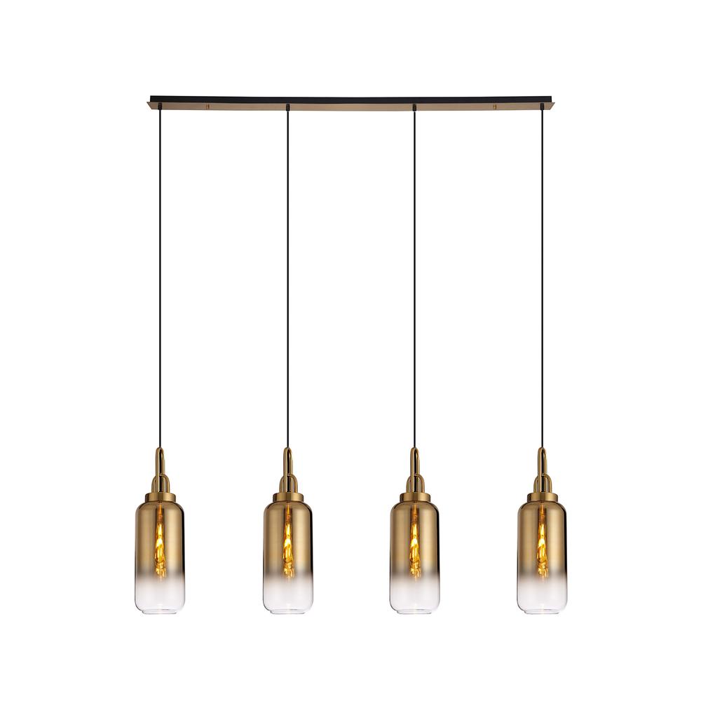 Luxuria Kennith Linear 4 Light Pendant E27 With 16cm Cylinder Glass Brass Gold/Clear Brass Gold/Matt Black