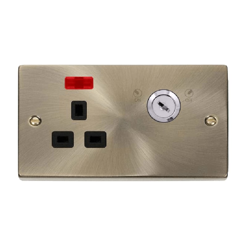 Click Deco 13A 1G Double Pole Key Lockable Socket with Neon Antique Brass Insert Black