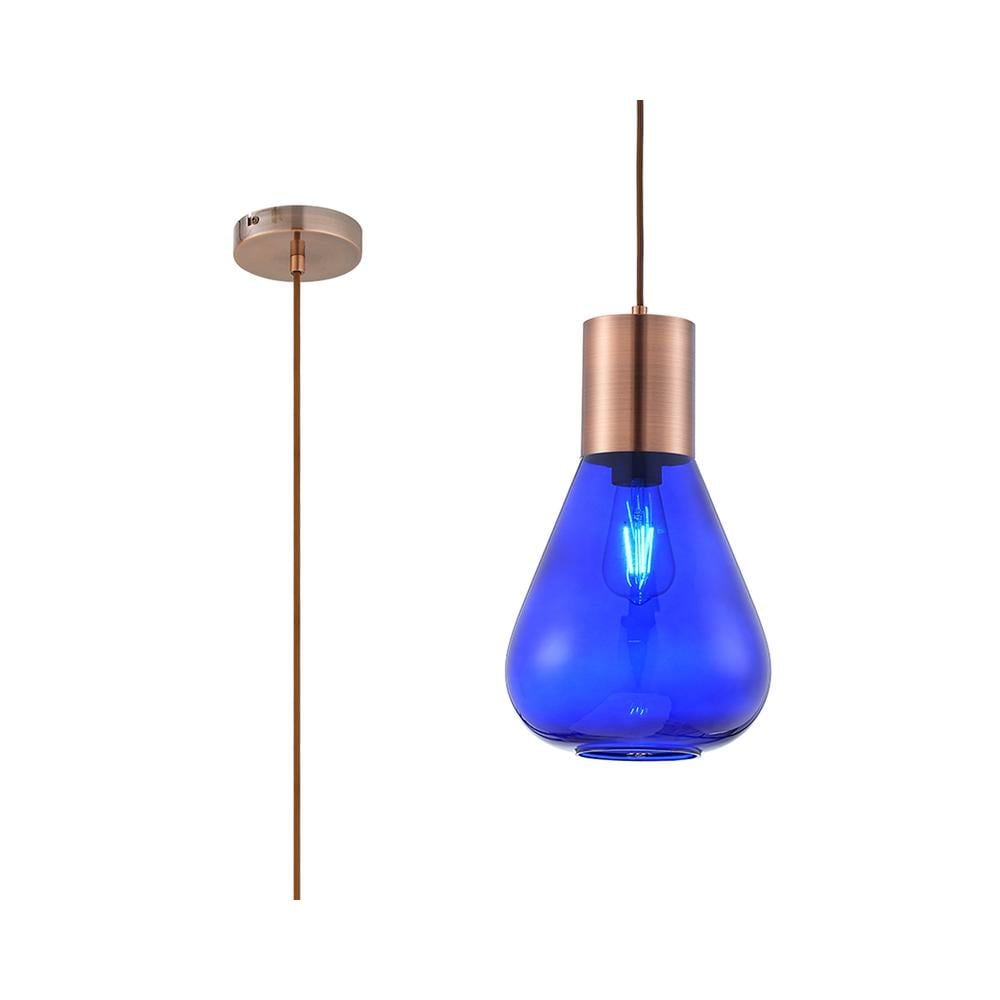 Luxuria Nexus 23cm Narrow Pendant Light E27 Antique Copper/Blue Ink Glass