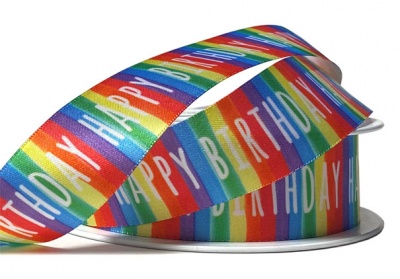 Eco Friendly Satin Ribbon - 25mm x 20m - BIRTHDAY STRIPE