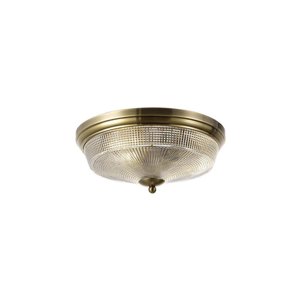 Luxuria Toussenel 34cm 2 Light E27 Flush Ceiling Light Antique Brass/Prismatic Glass