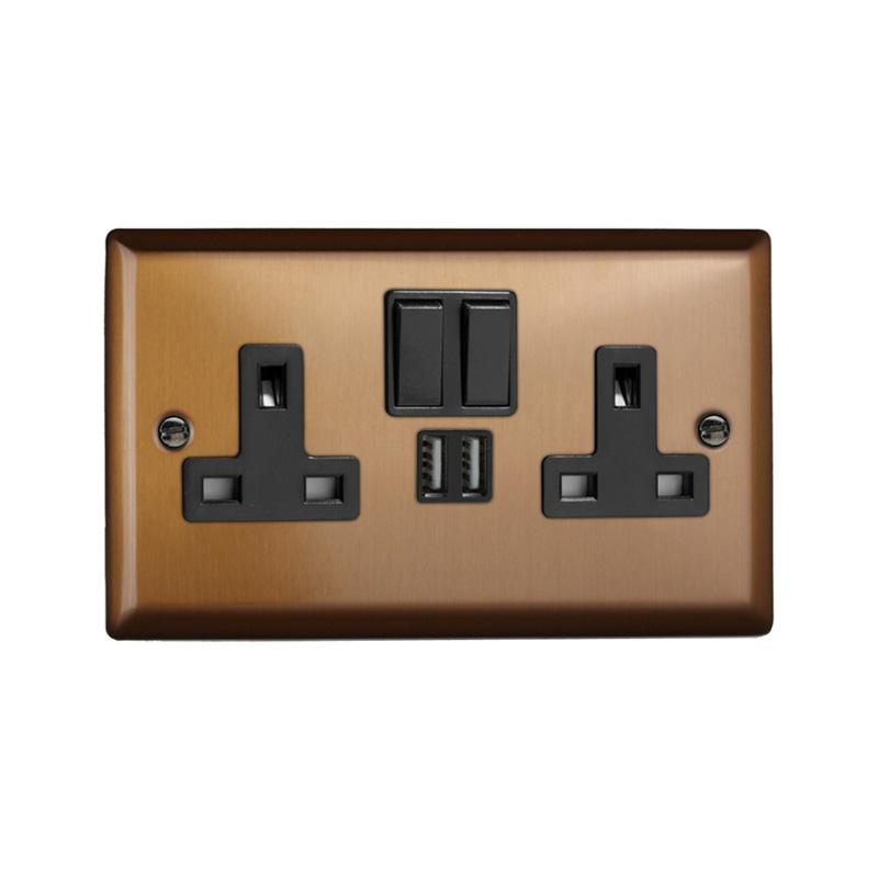 Varilight Urban 2G 13A SP Switched Socket with USB Charging Ports Brushed Bronze (Standard Plate)