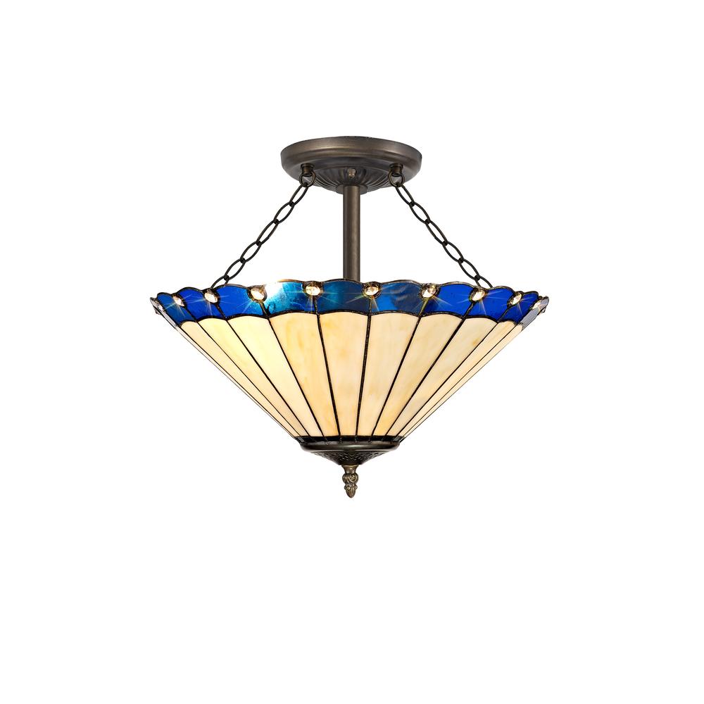 Luxuria Sleek 40.5cm 3 Light Semi Flush E27 With 40cm Tiffany Shade Blue/Cream/Crystal/Aged Antique Brass