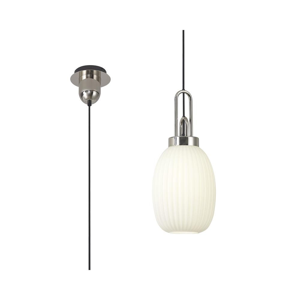 Luxuria Kennith Pendant Light E27 With 20cm Almond Ribbed Glass Opal Polished Nickel/Matt Black