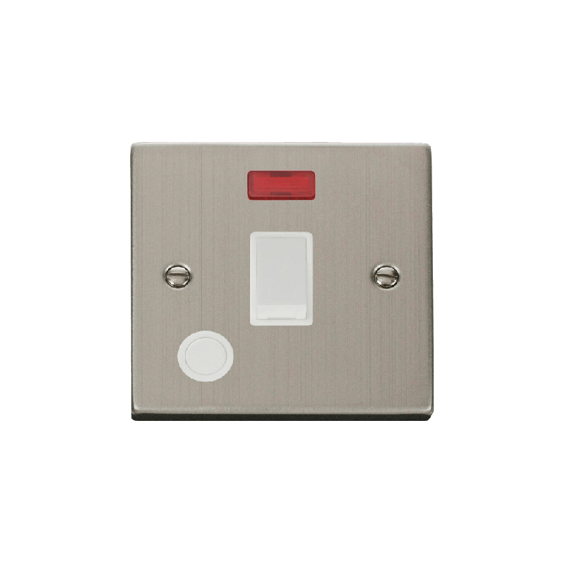 Click Deco 20A 1 Gang DP Switch with Flex Outlet and Neon Stainless Steel Insert White