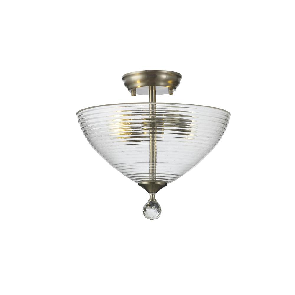 Luxuria Sirius Flush Ceiling Light 2xE27 With Round 33.5cm Prismatic Effect Glass Shade Satin Nickel/Clear