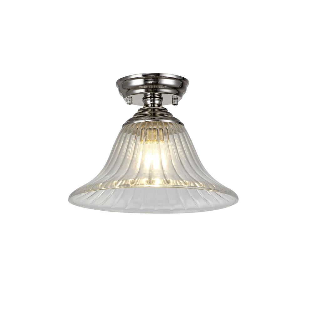 Luxuria Sirius Flush Ceiling Light E27 With Bell 30cm Glass Shade Polished Nickel/Clear