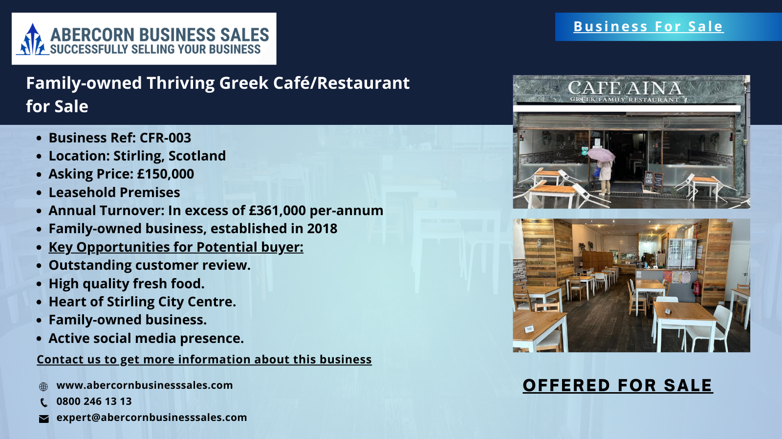 CFR-003 -Cafe Aina -Greek Family Restaurant for Sale in Stirling Scotland