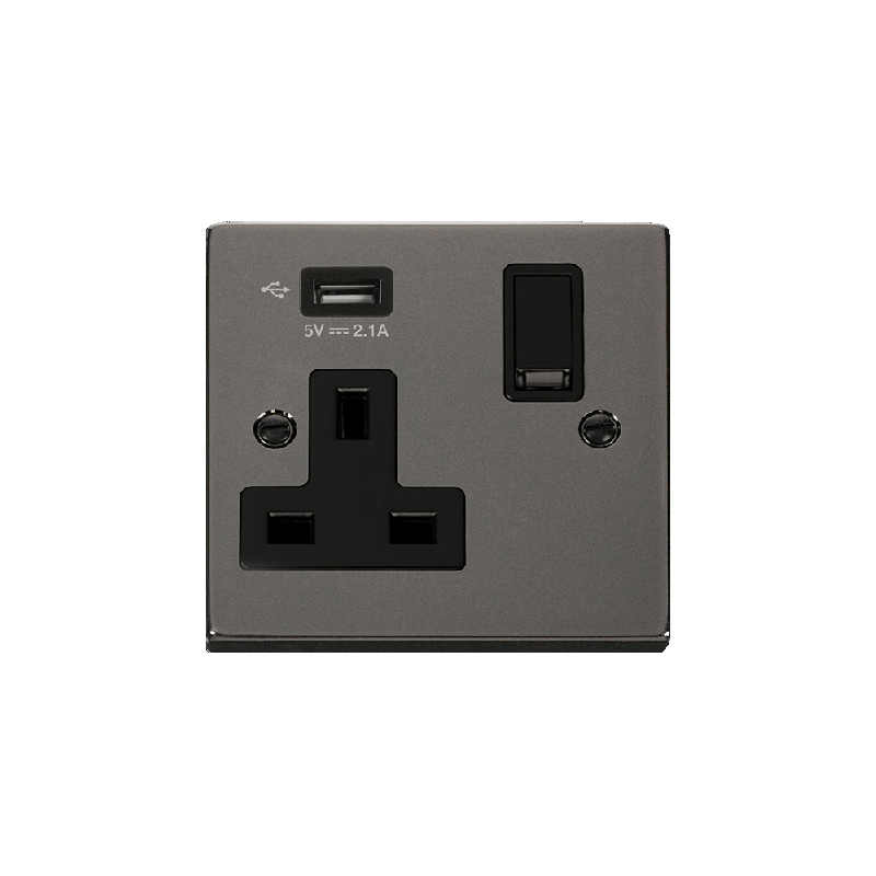 Click Deco 13A 1G Switched Socket with Single 2.1A USB Black Nickel Insert Black