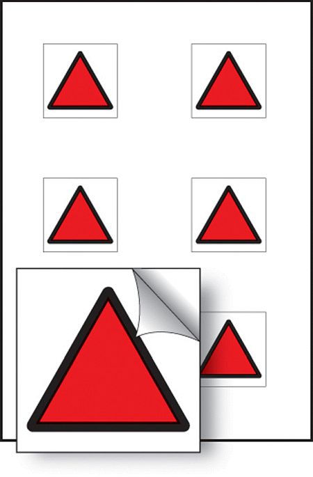 Red triangle vibration safety 25x25mm - sheet of 6 self adhesive