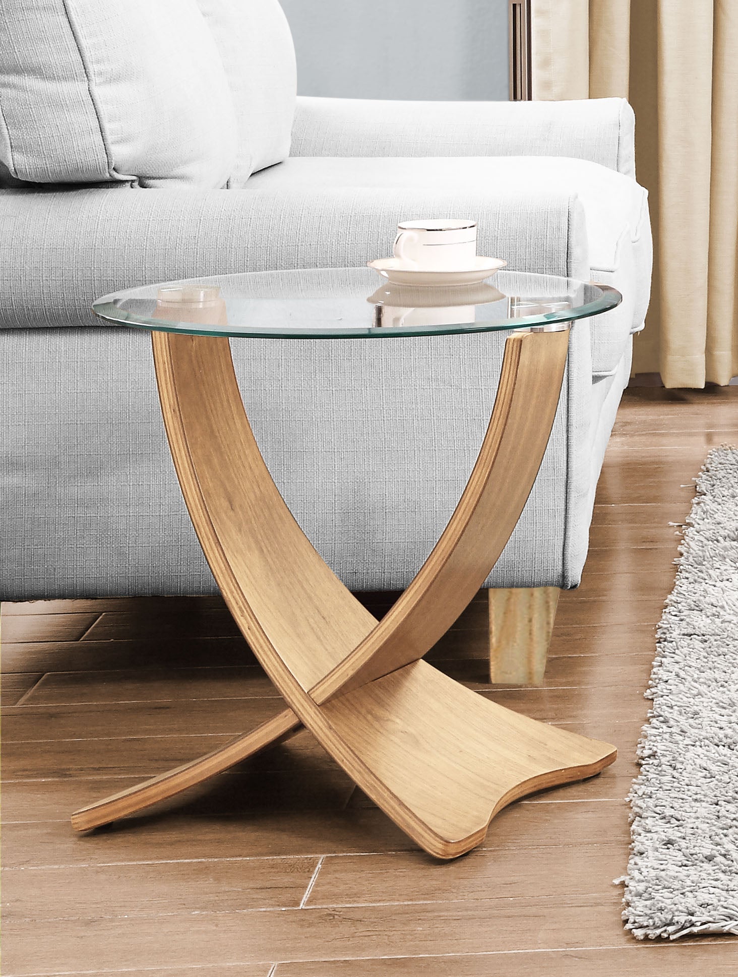 Providers Of Round Clear Glass Lamp / Side Table with Oak Veneer - 500mm - JF309 UK