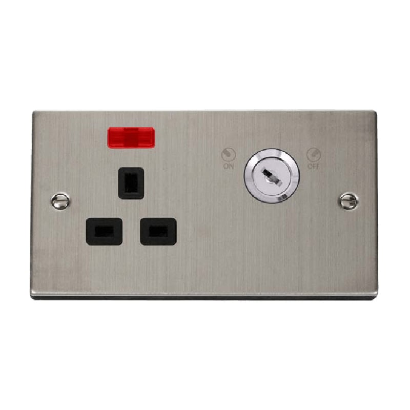 Click Deco 13A 1G Double Pole Key Lockable Socket with Neon Stainless Steel Insert Black