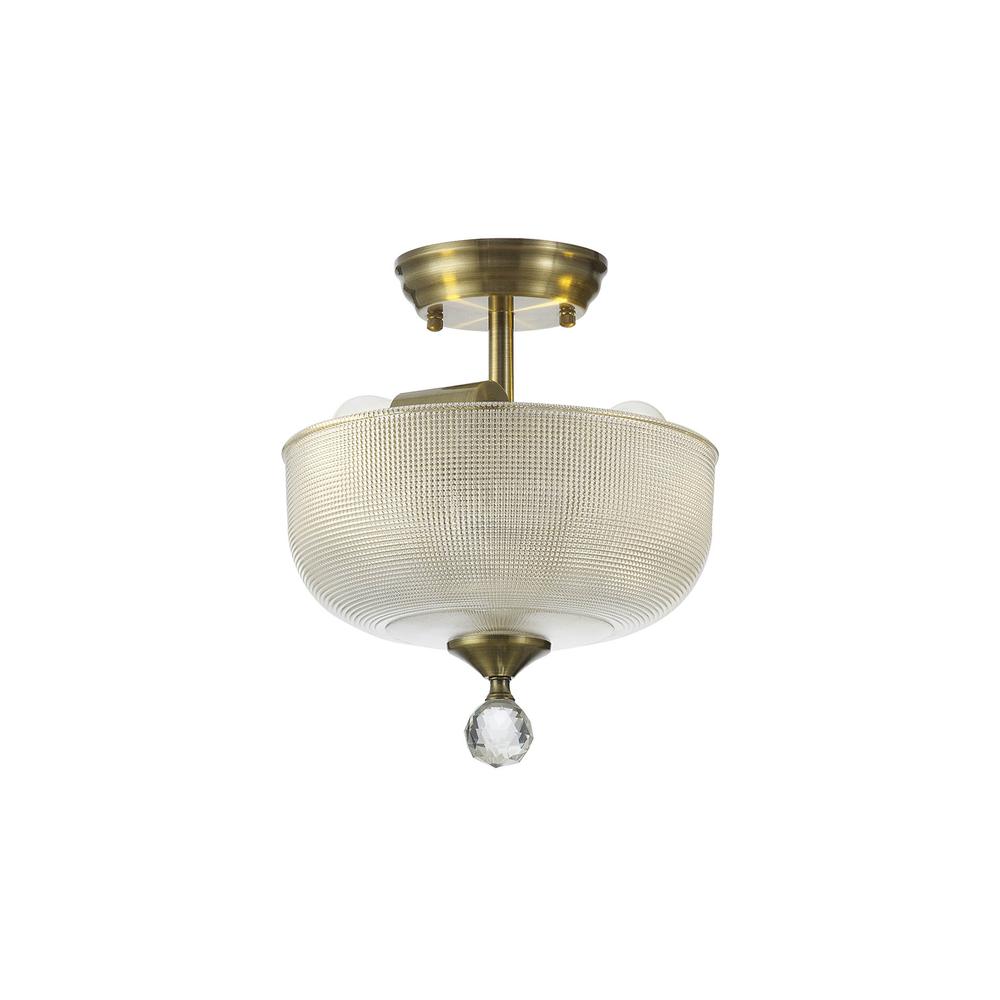 Luxuria Sirius Flush Ceiling Light 2xE27 With Round 26.5cm Prismatic Effect Glass Shade Antique Brass/Clear