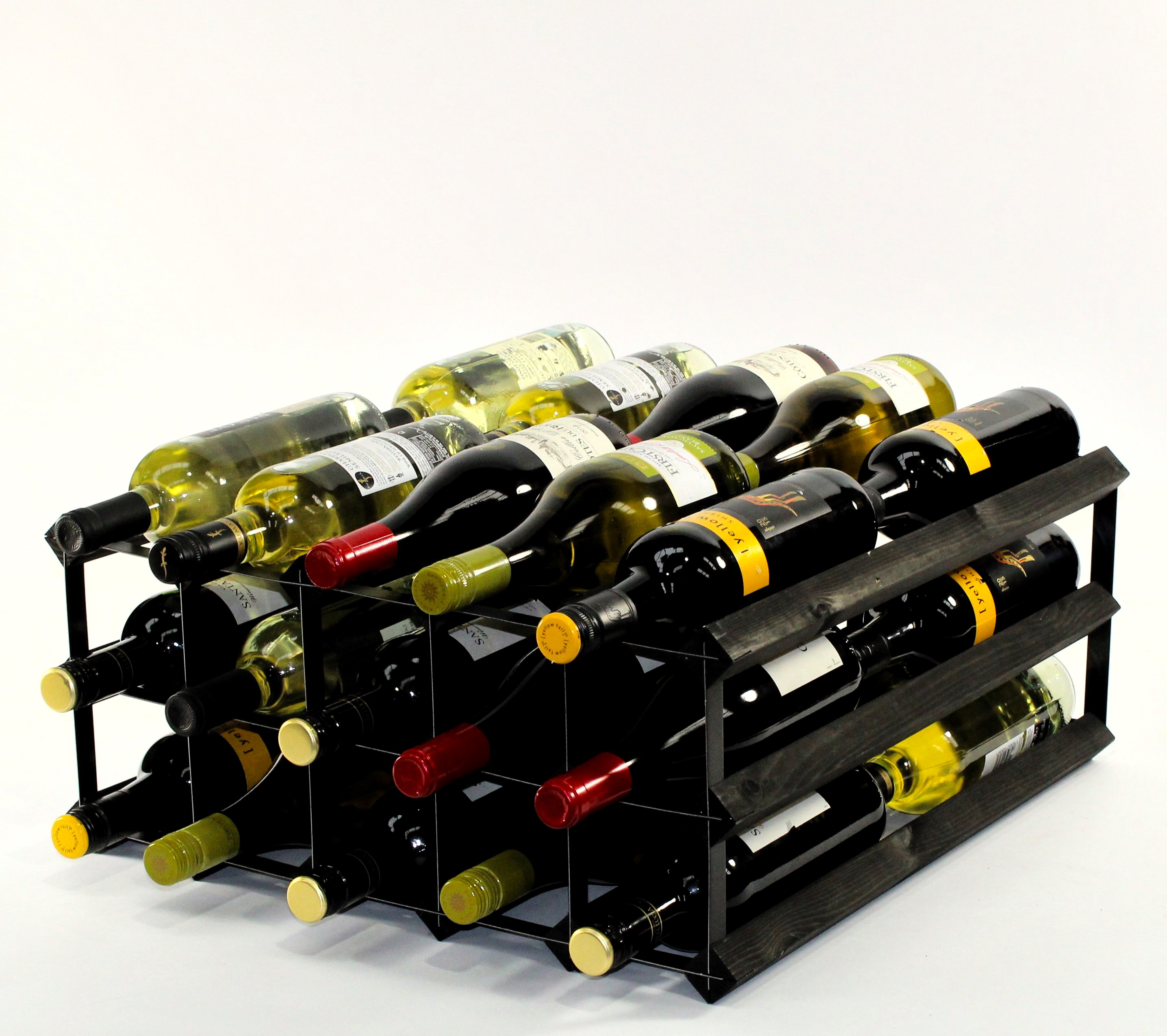 Double depth 30 bottle wine rack - Black stain wood - Black metal