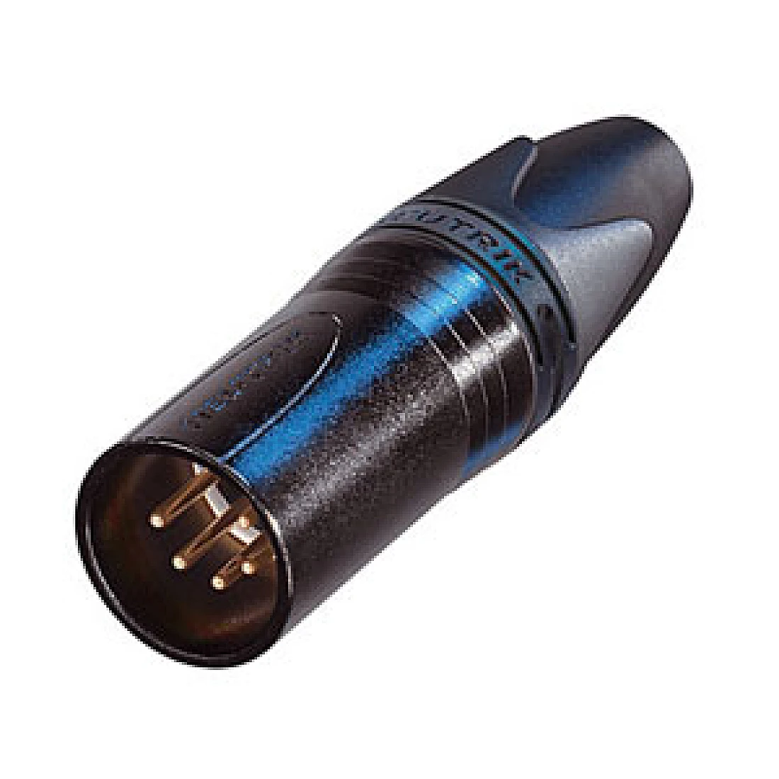 XLR Connector Neutrik 5 pole male cable connector with black metal housing and gold contacts.
