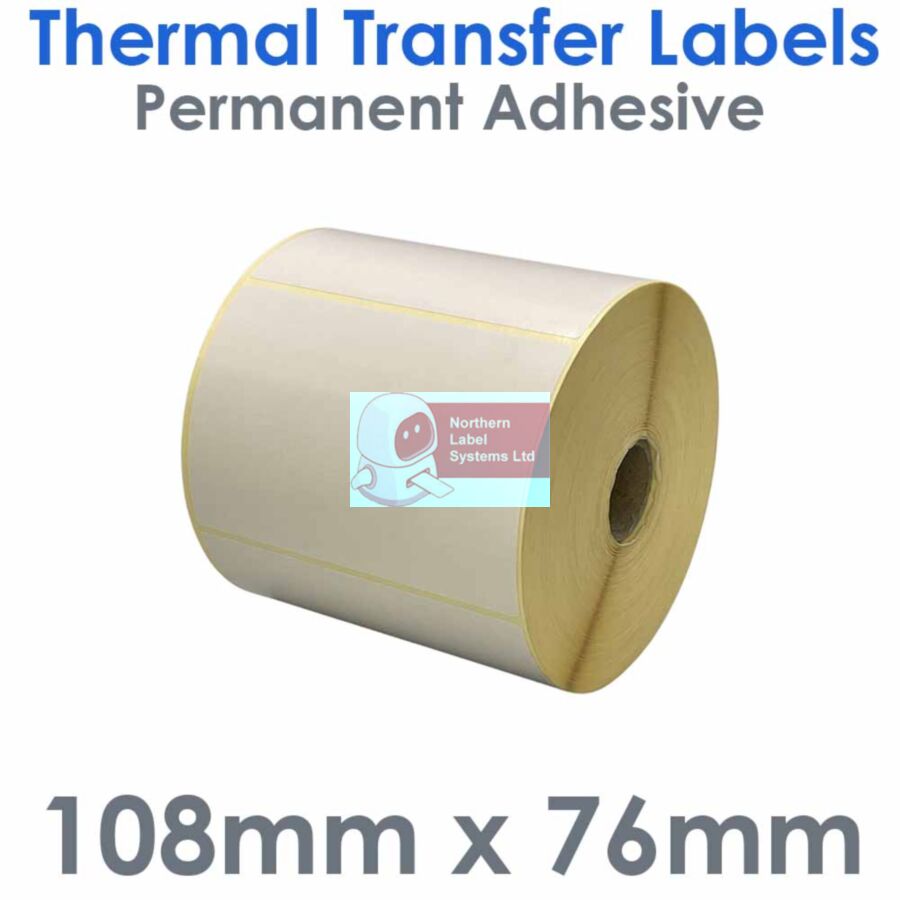 108076TTNPW1-1000, 108mm x 76mm, Permanent Adhesive, Thermal Transfer Labels, 1000 per roll, FOR SMALL DESKTOP LABEL PRINTERS